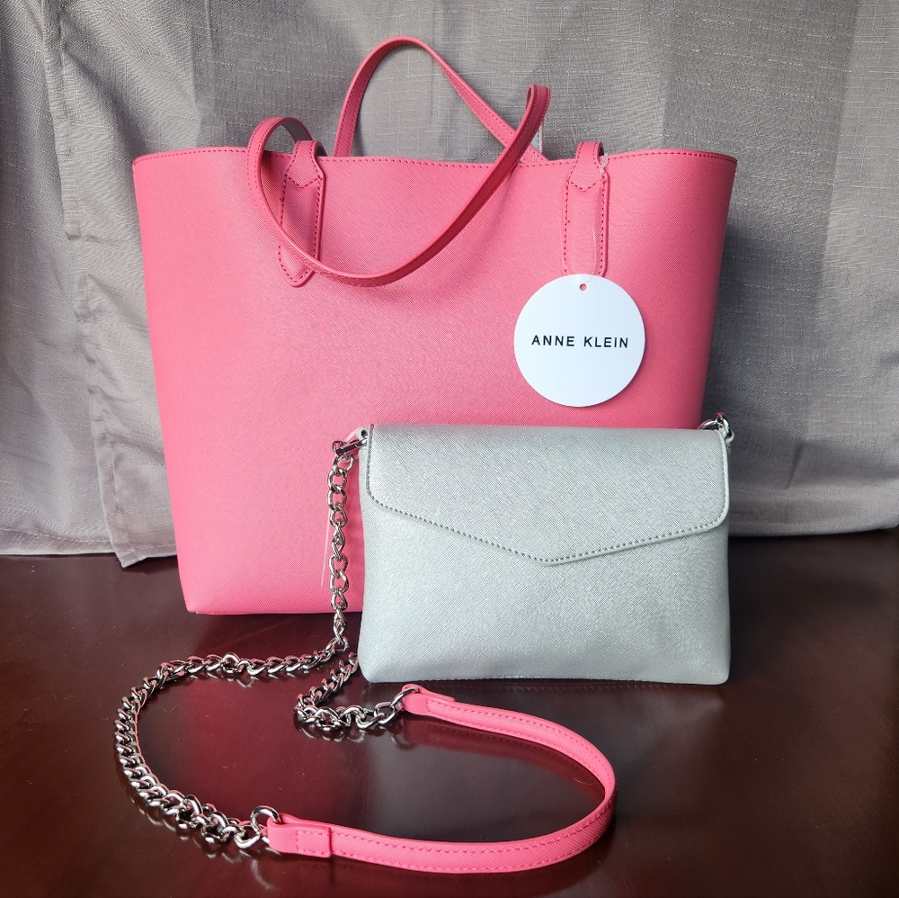 Tote & Crossbody Bag - Pink & Silver - Anne Klein